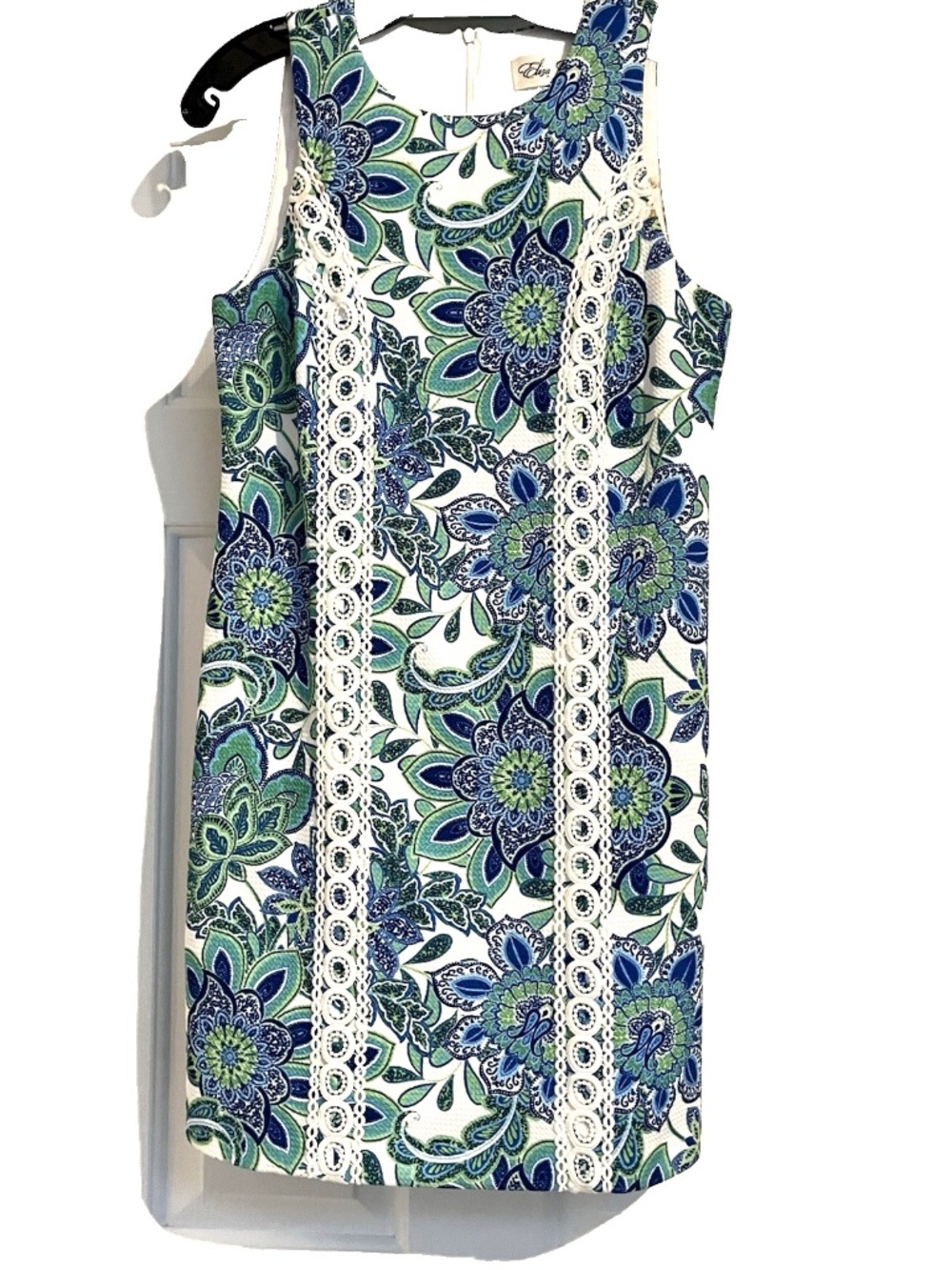 NEW Eliza J Blue Green Tropical White Crochet Lace Shift Sleeveless Dress Size 4